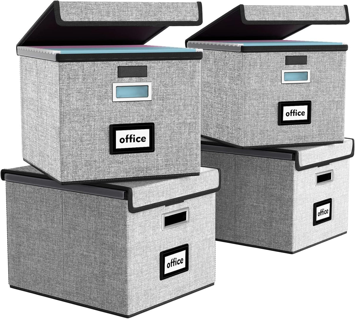 Upgraded Portable File Organizer Box with Lid, Collapsible Linen Hanging Filing Storage Boxes with Plastic Slides, Decorative Home/Office Filing System Box for File and Folders Storage (Gray)
