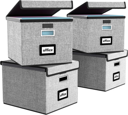 Upgraded Portable File Organizer Box with Lid, Collapsible Linen Hanging Filing Storage Boxes with Plastic Slides, Decorative Home/Office Filing System Box for File and Folders Storage (Gray)