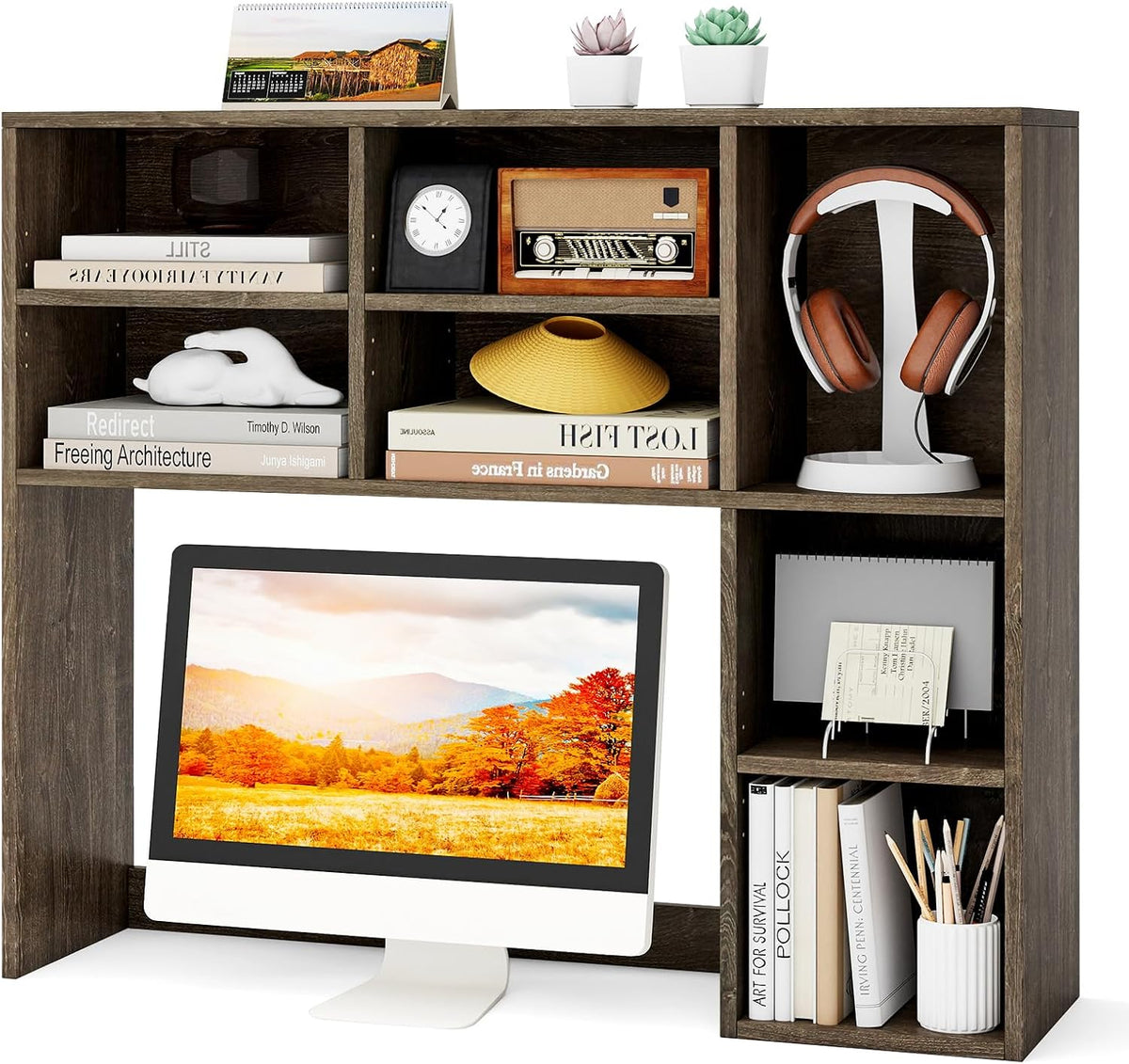 Desktop Bookshelf, Countertop Storage Hutch with 5 Shelves for Computer Desk, Desk 3-Tier Display Rack, Multipurpose Wood Desktop Hutch Storage Organizer for Dorm Office Home