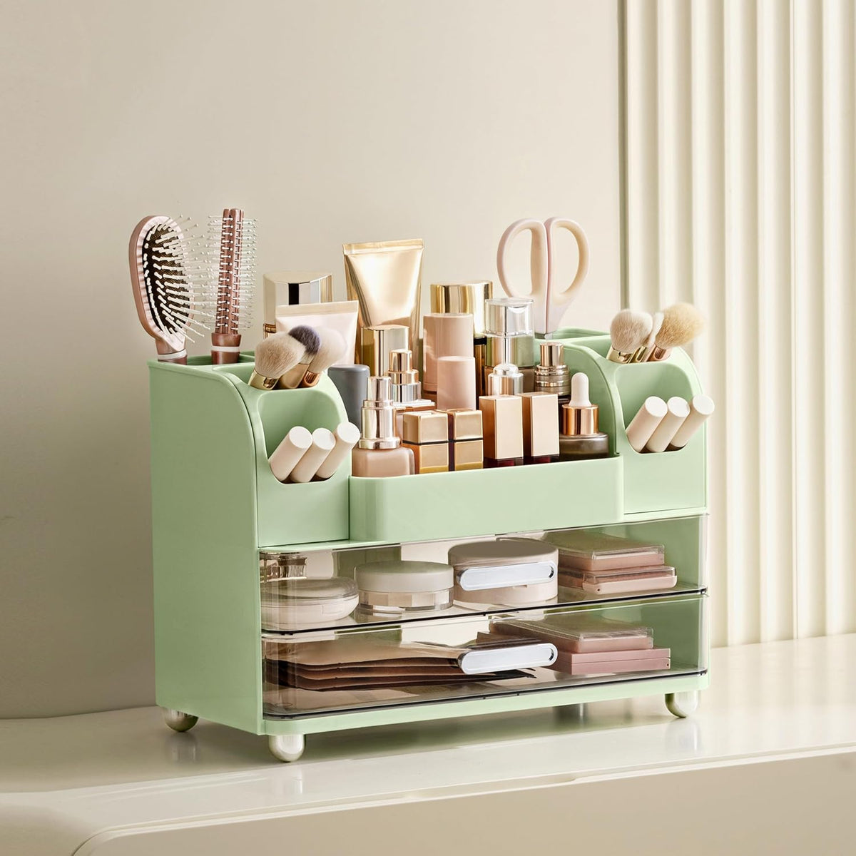 HBlife Makeup Organizer for Vanity with Brush Holder, Large Bathroom Countertop Cosmetic Organizer Skin Care Storage, Easy to Store Lipsticks, Nail Polishes, Perfumes, Eyeshadow Palettes, All White