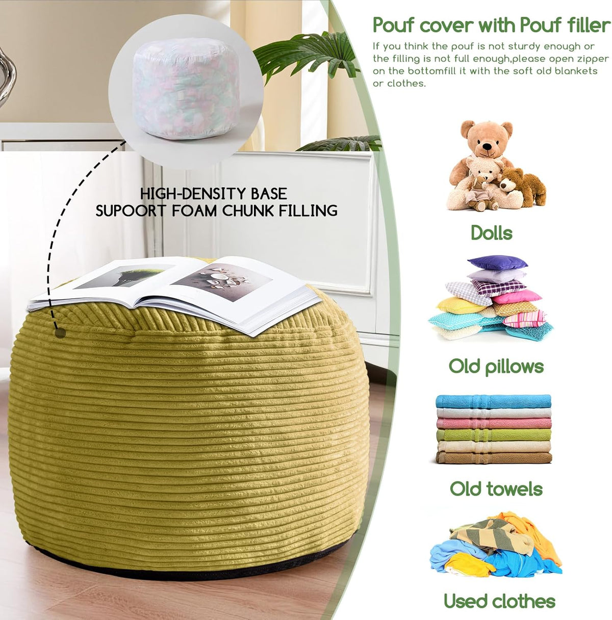 Round Stuffed Pouf Ottoman, Corduroy Poufs with Foam Chunk Filling, Furry and Fluffy Pouf Foot Stool Storage Ottoman, 20 X 15 Floor Poufs Foot Rest for Living Room, Dark Grey
