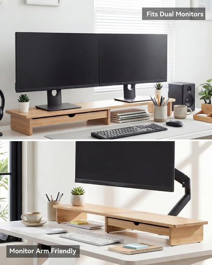 Bamboo Monitor Stand with Large Storage Drawer,23 Inch Ergonomic Computer Riser for Desk, Holds Up to 220lbs, Screen Shelf with 5 Compartments for Keyboard & Stationery Organization