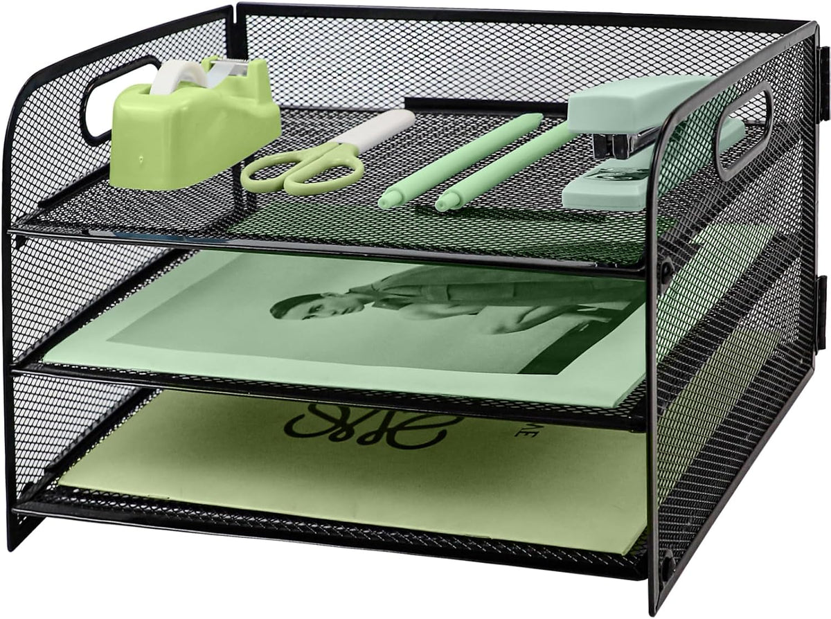 Paper Letter Tray with Handle, 3 Tier Metal Mesh Desk File Organizer, A4 Paper Desktop Filing Trays, Desk Tidy Magazine Document Holder for Home Office, Black