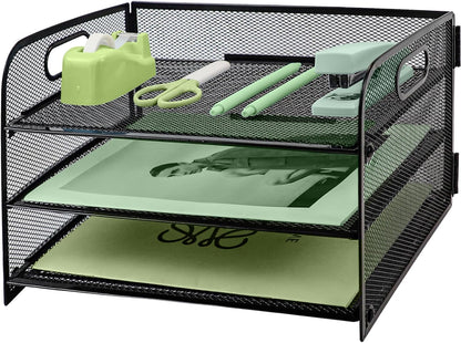 Paper Letter Tray with Handle, 3 Tier Metal Mesh Desk File Organizer, A4 Paper Desktop Filing Trays, Desk Tidy Magazine Document Holder for Home Office, Black