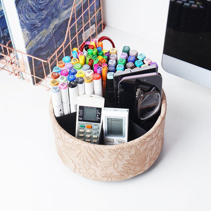Round Leather Art Supply Organizer,Remote Control Holder,360 Degree Rotating,Multi-Functional Pencil Holder,4 Compartments Desktop Stationary Organizer(1-Blue Bird) - Colors B