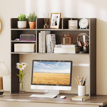 Desktop Bookshelf, Countertop Storage Hutch with 5 Shelves for Computer Desk, Desk 3-Tier Display Rack, Multipurpose Wood Desktop Hutch Storage Organizer for Dorm Office Home