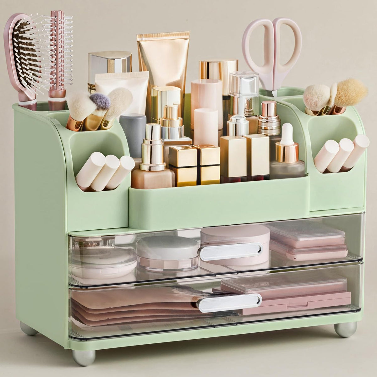 HBlife Makeup Organizer for Vanity with Brush Holder, Large Bathroom Countertop Cosmetic Organizer Skin Care Storage, Easy to Store Lipsticks, Nail Polishes, Perfumes, Eyeshadow Palettes, All White