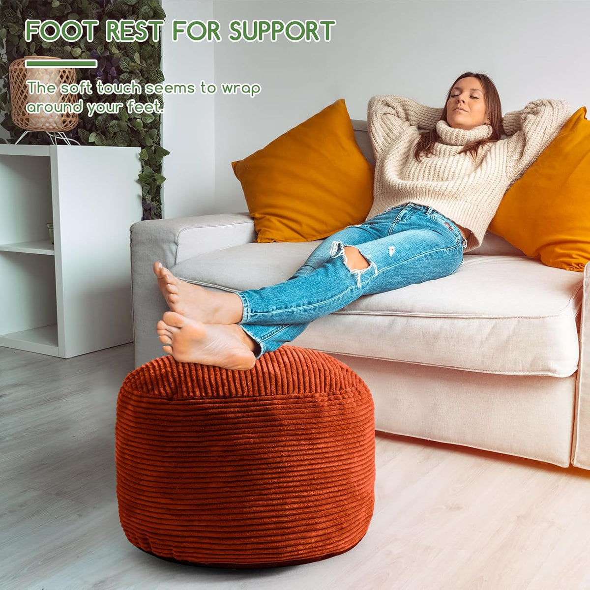 Round Stuffed Pouf Ottoman, Corduroy Poufs with Foam Chunk Filling, Furry and Fluffy Pouf Foot Stool Storage Ottoman, 20 X 15 Floor Poufs Foot Rest for Living Room, Dark Grey