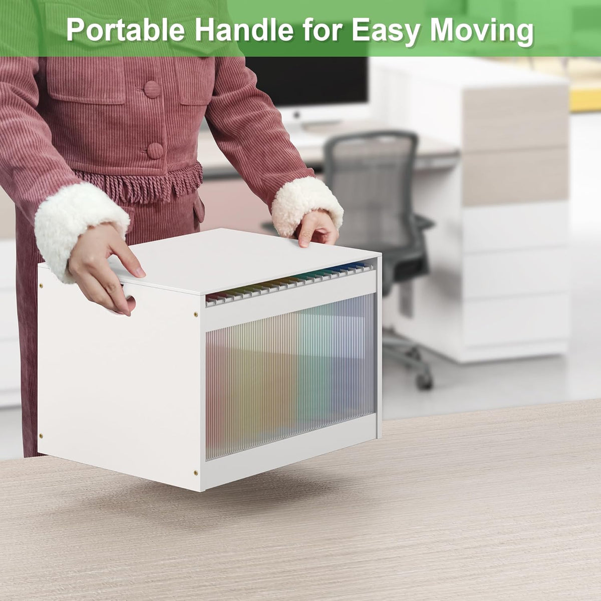 Hanging File Box Organizer for Letter Size, Bamboo Acrylic File Folder Storage with Lid Clear Moving Boxes Wooden with Handle Desktop Wood Filing Holder for Office Banker Document White 1 Pack