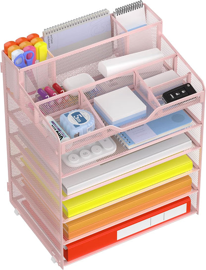 Docnest 5 Tier Mesh Desk Organizer for Paper Office Supplies – Multi-Functional Letter Tray with 5 Adjustable Compartments, 3 Pen Holders, Desktop Storage for Files, Mail, Stationery – Black