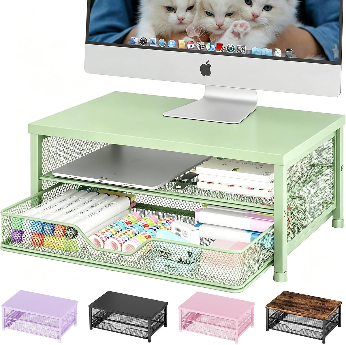 Desk Organizers and Accessories, Computer Monitor Stand Riser with Drawer and 2 Pen Holders, Printer & Laptop Stand, Office Desk Accessories & Workspace Organizers for Home Office Supplies, Black