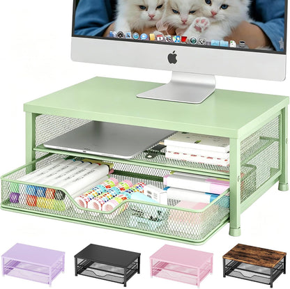 Desk Organizers and Accessories, Computer Monitor Stand Riser with Drawer and 2 Pen Holders, Printer & Laptop Stand, Office Desk Accessories & Workspace Organizers for Home Office Supplies, Black