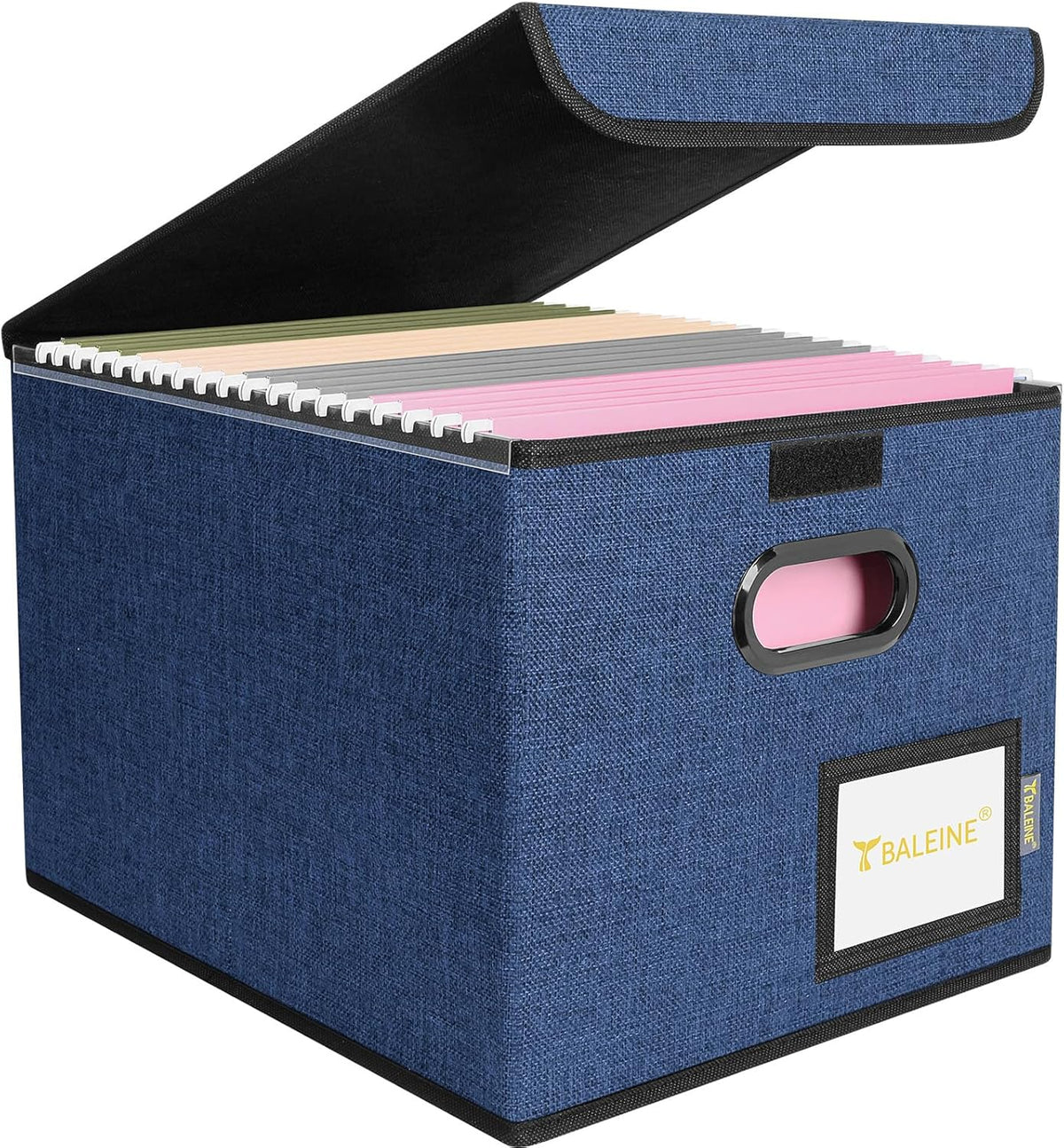 BALEINE File Organizer Box with Lid, Collapsible File Folder Organizer with Plastic Slide, Hanging File Folder Box for Office Document Storage (Black)