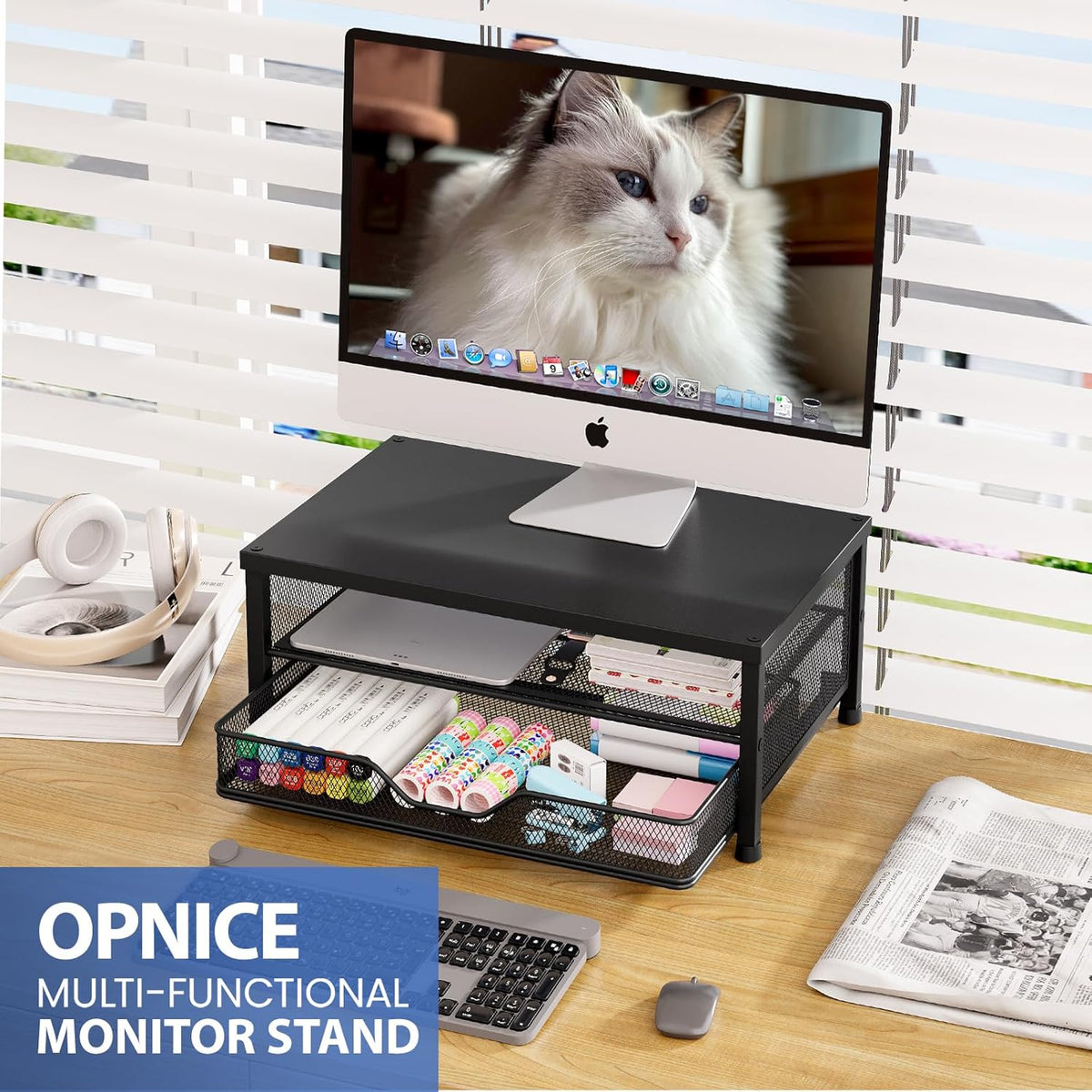 Desk Organizers and Accessories, Computer Monitor Stand Riser with Drawer and 2 Pen Holders, Printer & Laptop Stand, Office Desk Accessories & Workspace Organizers for Home Office Supplies, Black