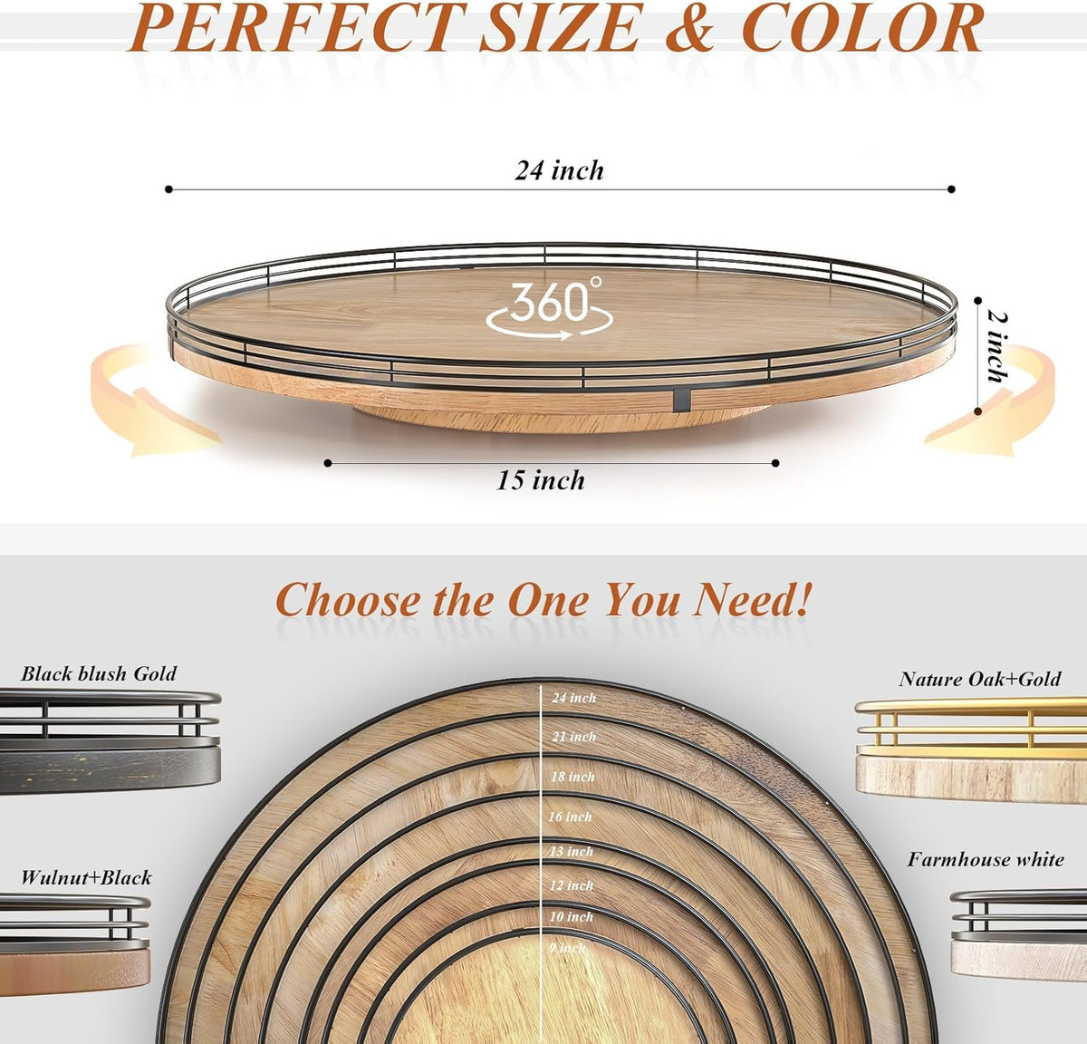 Farmhouse Oak 9" Lazy Susan Turntable Organizer for Cabinet, Round Wooden Lazy Susan Organization and Storage for Dining Table, Pantry, Kitchen, Countertop, Cupboard,Home Decor, Walnut Wood