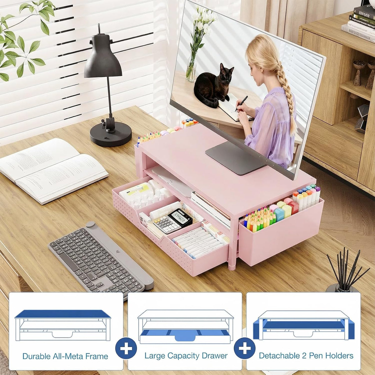 Desk Organizers and Accessories, Computer Monitor Stand Riser with Drawer and 2 Pen Holders, Printer & Laptop Stand, Office Desk Accessories & Workspace Organizers for Home Office Supplies, Black