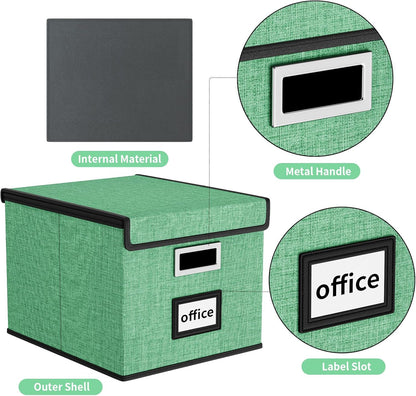 Upgraded Portable File Organizer Box with Lid, Collapsible Linen Hanging Filing Storage Boxes with Plastic Slides, Decorative Home/Office Filing System Box for File and Folders Storage (Gray)