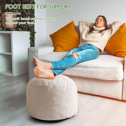 Round Stuffed Pouf Ottoman, Corduroy Poufs with Foam Chunk Filling, Furry and Fluffy Pouf Foot Stool Storage Ottoman, 20 X 15 Floor Poufs Foot Rest for Living Room, Dark Grey