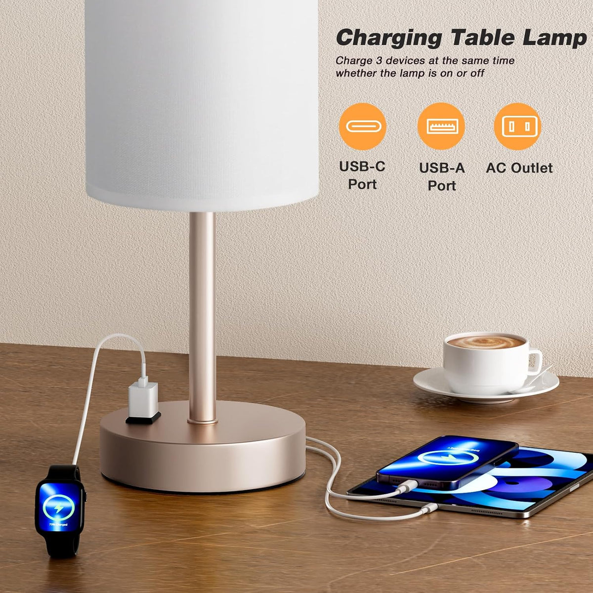 Fenmzee Bedside Table Lamp for Bedroom - Dimmable Touch, USB A+C, AC Outlet