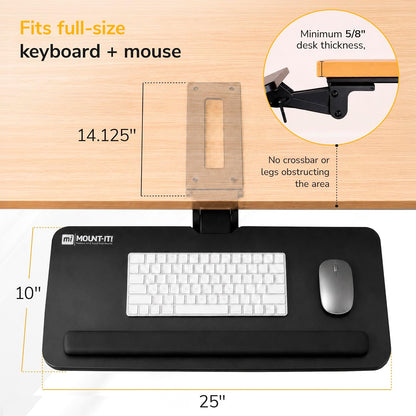 Mount-It! Under Desk Keyboard Tray, Slide-Out Keyboard Drawer with Height, Tilt and Swivel Adjustment, 25" x 10" Keyboard & Mouse Platform with Wrist Rest, Bolt-On Under Desk Mount