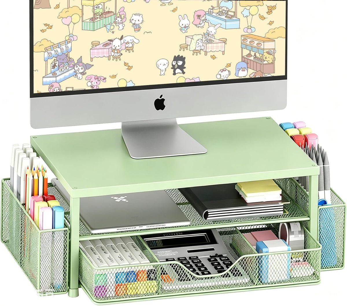 Desk Organizers and Accessories, Computer Monitor Stand Riser with Drawer and 2 Pen Holders, Printer & Laptop Stand, Office Desk Accessories & Workspace Organizers for Home Office Supplies, Black