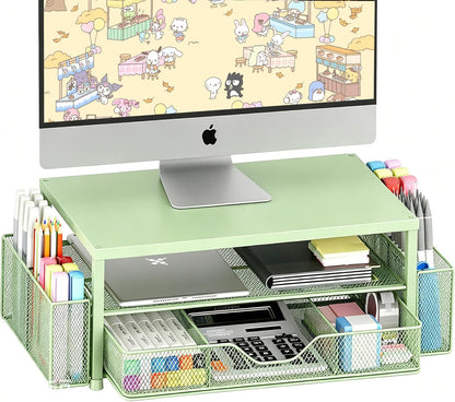 Desk Organizers and Accessories, Computer Monitor Stand Riser with Drawer and 2 Pen Holders, Printer & Laptop Stand, Office Desk Accessories & Workspace Organizers for Home Office Supplies, Black