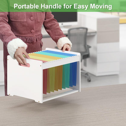 Hanging File Box Organizer for Letter Size, Bamboo Acrylic File Folder Storage with Lid Clear Moving Boxes Wooden with Handle Desktop Wood Filing Holder for Office Banker Document White 1 Pack