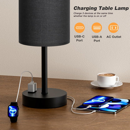 Fenmzee Bedside Table Lamp for Bedroom - Dimmable Touch, USB A+C, AC Outlet