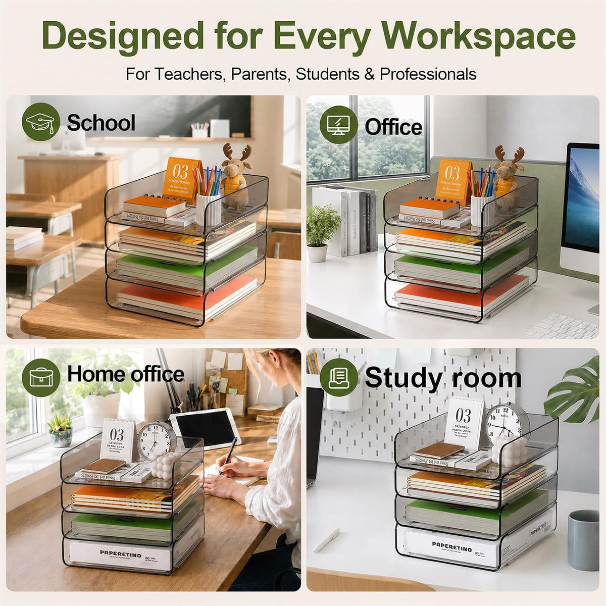 FANXIYQ 4-Tier Acrylic Paper Tray Organizer, Clear Stackable Desk File Organizer for Documents, Files, Letters, A4 Paper, Books, Notes, Mail & Paper Storage, Office Classroom Home