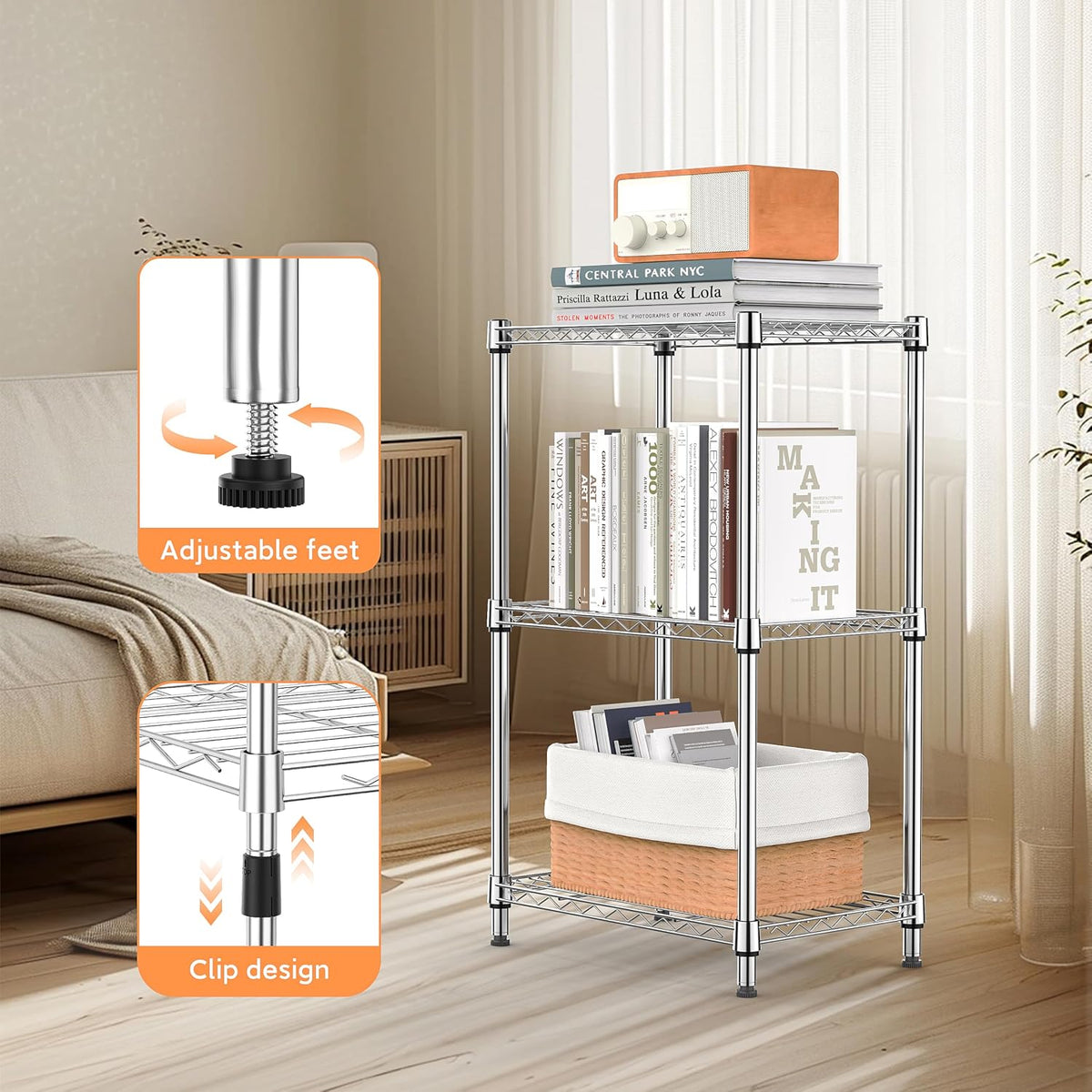 M MZG 450 lbs Steel Storage Shelving 3-Tier Utility Shelving Unit Steel Organizer Wire Rack for Home,Kitchen,Office (11.8" D x 17.7" W x 26.3" H) - Colors B