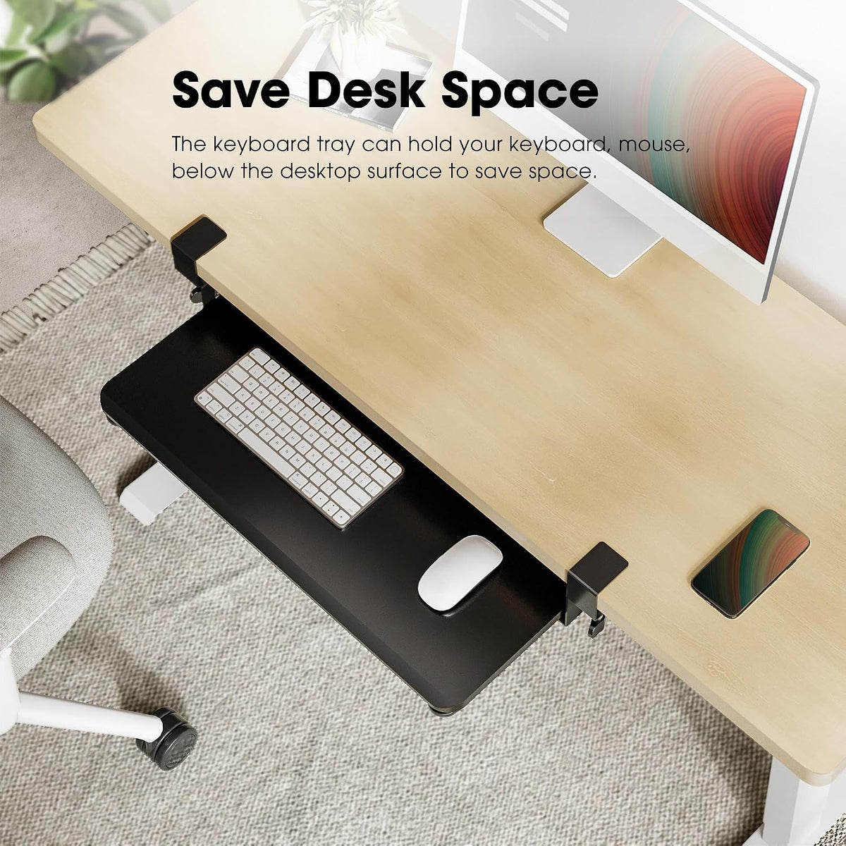 Fenge Keyboard Tray Under Desk, Pull Out Keyboard & Mouse Tray with C Clamp Mount, Sliding Keyboard Holder for Desk, 25.6 x 11.8 inch Large Slide-Out Platform Computer Drawer for Typing