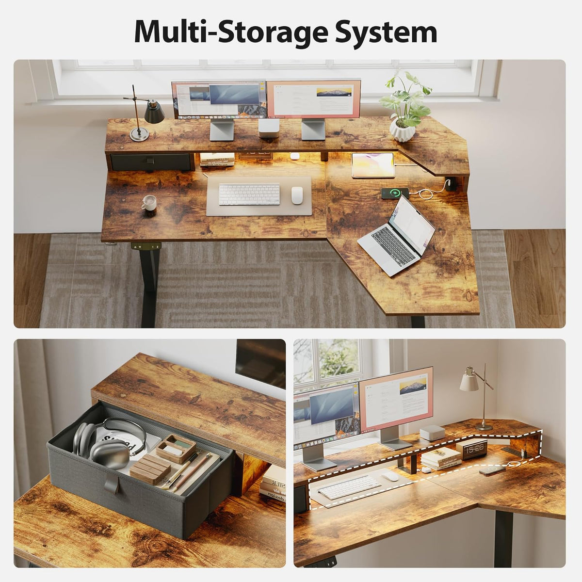 48 * 24 Inch Electric Standing Desk with Shelf & Led, Dark Walnut