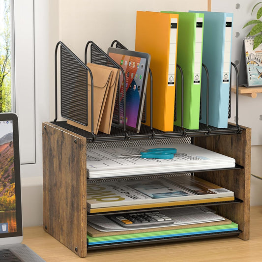 DAOUTIME 4-Tier Mesh Desk Organizer, Wooden Desk File Organizer with 5 Vertical File Holders and 2 Pen Holders, Desktop Organizers and Accessories with Drawer for Home Office