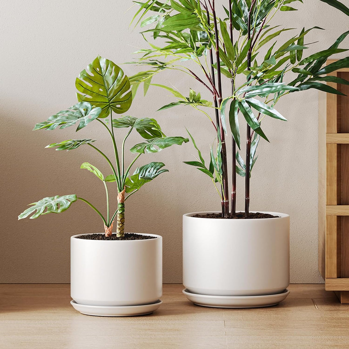 LE TAUCI Ceramic Pots for Plants, 6.8 Inch Plant Pots with Drainage Hole & Saucer, Modern Planter for Indoor Plants, Stable & Durable, Perfect for Living Room or Office Decor, White
