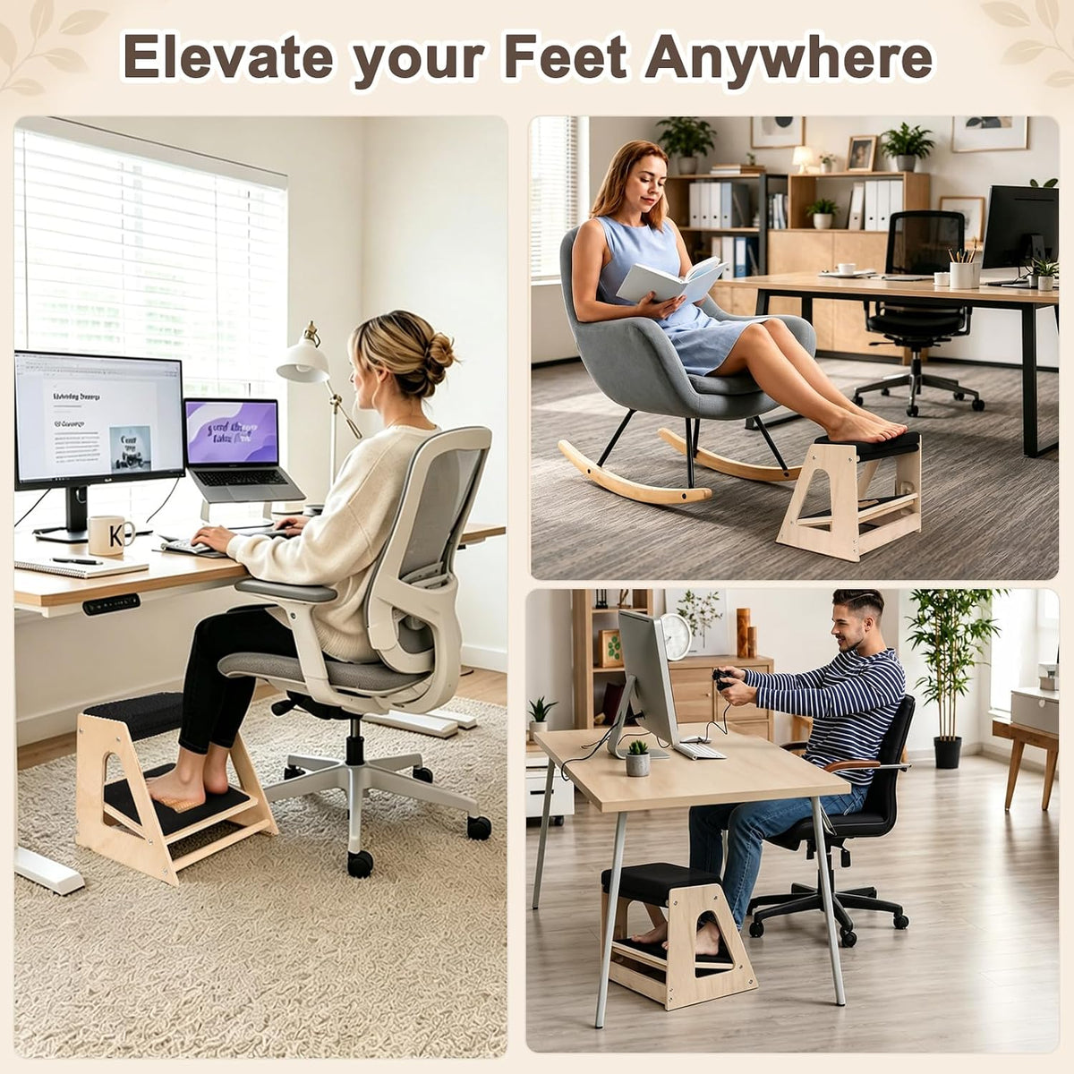 Natheeph Wooden Foot Rest Under Desk at Work – 3-Height Adjustable Ergonomic Foot Stool with Massage Roller on Lower Deck & Foam Upper Pad for Office, Home, Gaming, Non-Slip Base