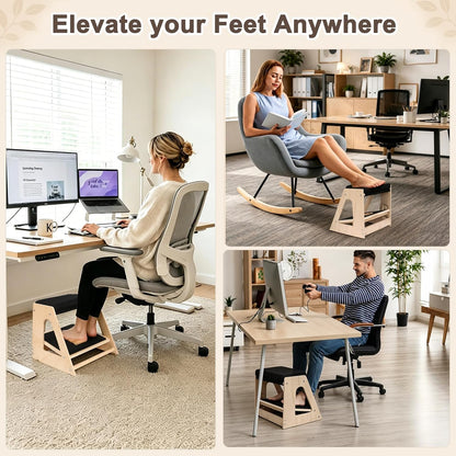 Natheeph Wooden Foot Rest Under Desk at Work – 3-Height Adjustable Ergonomic Foot Stool with Massage Roller on Lower Deck & Foam Upper Pad for Office, Home, Gaming, Non-Slip Base