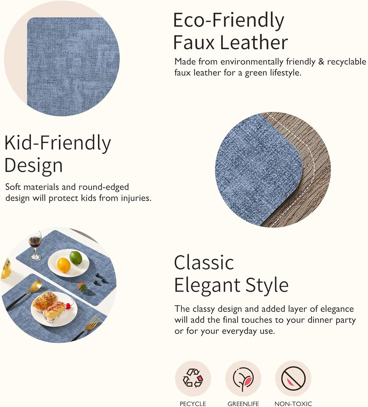 Maxpearl Faux Leather Placemats Set of 6 - Waterproof - Wipe Clean - Heat Resistant - Anti Slip Dining Table Place Mats, Suitable for Indoor & Outdoor Use, 17’’×12’’, Beige