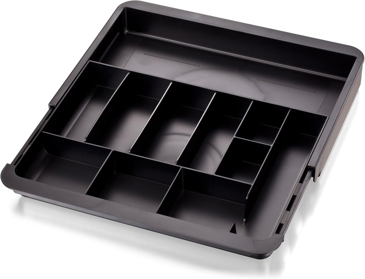 Officemate Expandable Drawer Organizer Tray, Adjustable 10.3"–16" Width, Customizable Compartments with Dividers, Recycled Plastic, Black