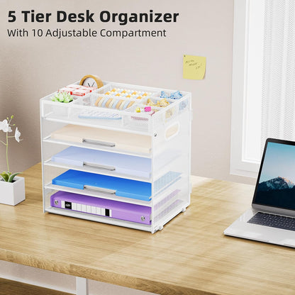 Marbrasse 5 Tier Paper Organizer Letter Tray, Mesh Desk File Organizer with Handle, Paper Sorter Desk Organizer for Home Office Supplies - Black, Adjustable