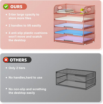 Marbrasse 5 Tier Paper Organizer Letter Tray, Mesh Desk File Organizer with Handle, Paper Sorter Desk Organizer for Home Office Supplies - Black, Adjustable
