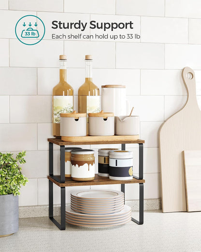 SONGMICS Cabinet Organizer Shelf, Set of 4 Kitchen Counter Shelves, Kitchen Storage, Spice Rack, Stackable, Expandable, Metal and Engineered Wood, Cloud White and Natural Beige UKCS010N01