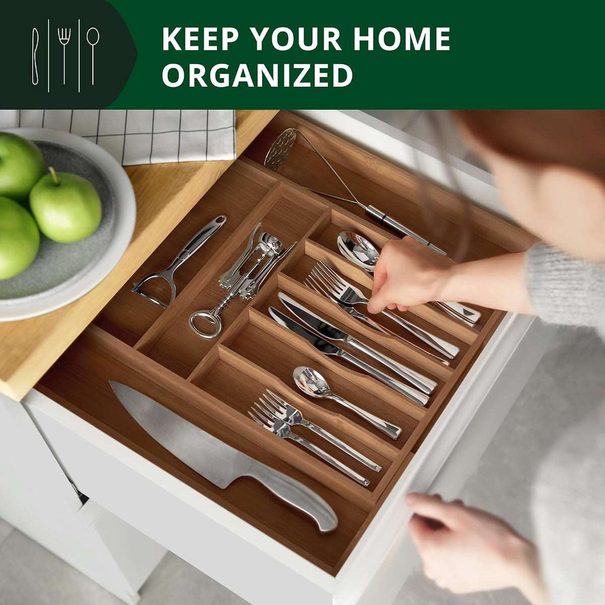 ROYAL CRAFT WOOD Luxury Bamboo Kitchen Drawer Organizer - Silverware Organizer, Utensil Holder & Cutlery Tray Drawer Dividers for Flatware (9 Slot, Natural)