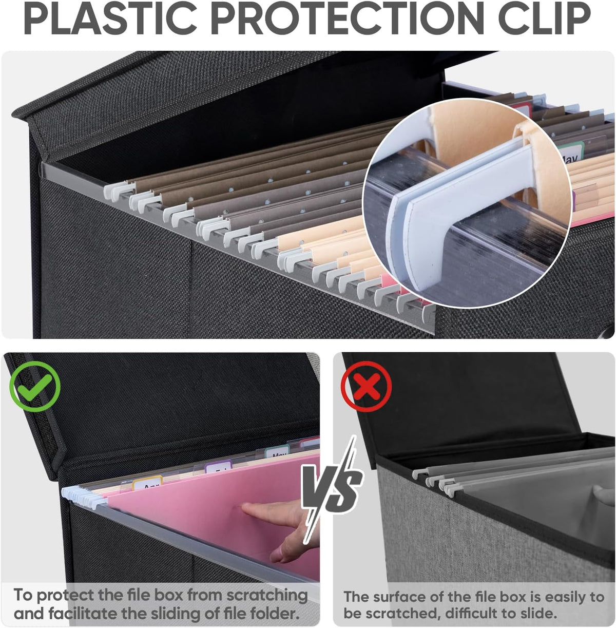 BALEINE File Organizer Box with Lid, Collapsible File Folder Organizer with Plastic Slide, Hanging File Folder Box for Office Document Storage (Black)