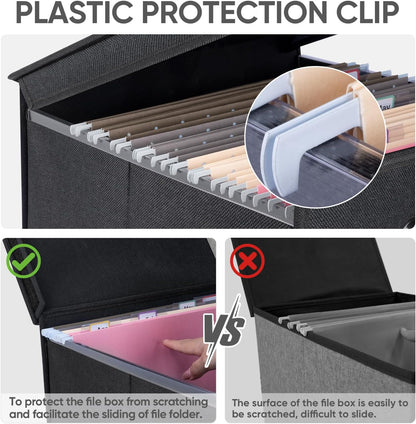 BALEINE File Organizer Box with Lid, Collapsible File Folder Organizer with Plastic Slide, Hanging File Folder Box for Office Document Storage (Black)