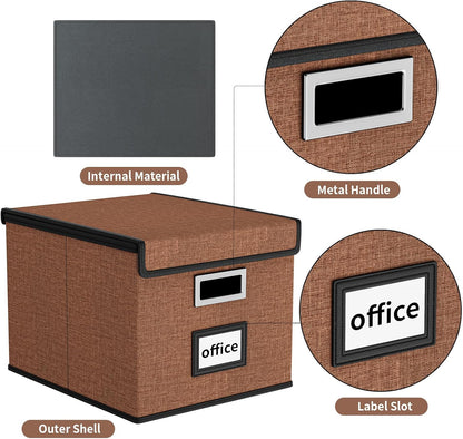 Upgraded Portable File Organizer Box with Lid, Collapsible Linen Hanging Filing Storage Boxes with Plastic Slides, Decorative Home/Office Filing System Box for File and Folders Storage (Gray)