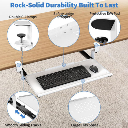 Keyboard Tray Under Desk - Full Metal Slide Out Holder, Rust-Resistant & Scratch-Proof, Double C-Clamps, 26x13" Tray for L Shape/Regular Desks, Standing/Sitting Workstation(White-B)