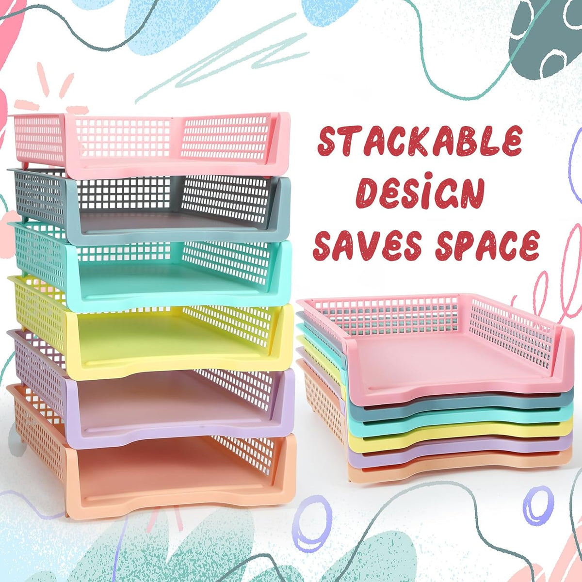 Tenceur 6 Pcs Turn in Trays Classroom, Pastel Paper Tray for Classroom Organization and Storage Stackable Plastic Book Baskets Teacher Organizers for Library Drawers Office Desk