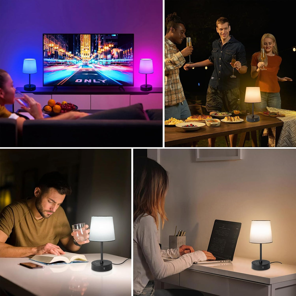 Ascher Small Bedside Table lamp, RGB Color Changing Lamps, 3 Color Temperatures, Dimmable Nightstand Lamp with USB C+A Ports, Touch Desk Lamp for Bedroom Living Room, H11.4in(Flaxen Shade)