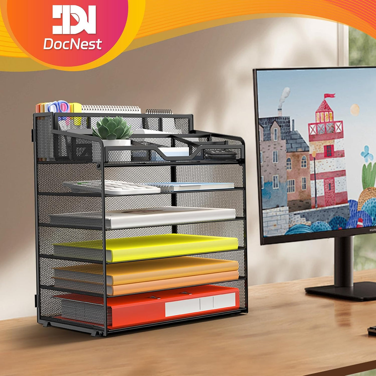 Docnest 5 Tier Mesh Desk Organizer for Paper Office Supplies – Multi-Functional Letter Tray with 5 Adjustable Compartments, 3 Pen Holders, Desktop Storage for Files, Mail, Stationery – Black