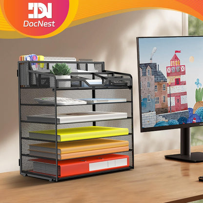 Docnest 5 Tier Mesh Desk Organizer for Paper Office Supplies – Multi-Functional Letter Tray with 5 Adjustable Compartments, 3 Pen Holders, Desktop Storage for Files, Mail, Stationery – Black
